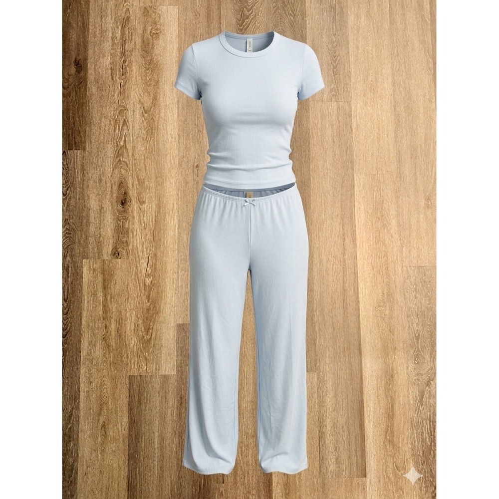 Auden Baby Blue Pointelle Pajama Set Top S /Bottom XS Wide Leg Scallop Trim - Picture 3 of 10